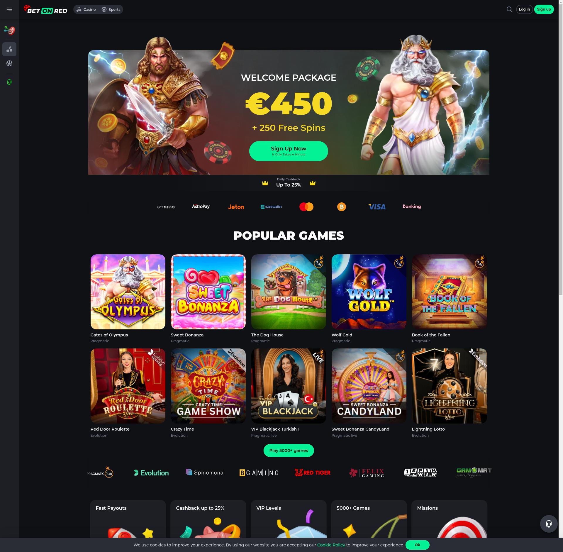 BetOnRed casino startsida med välkomstbonus